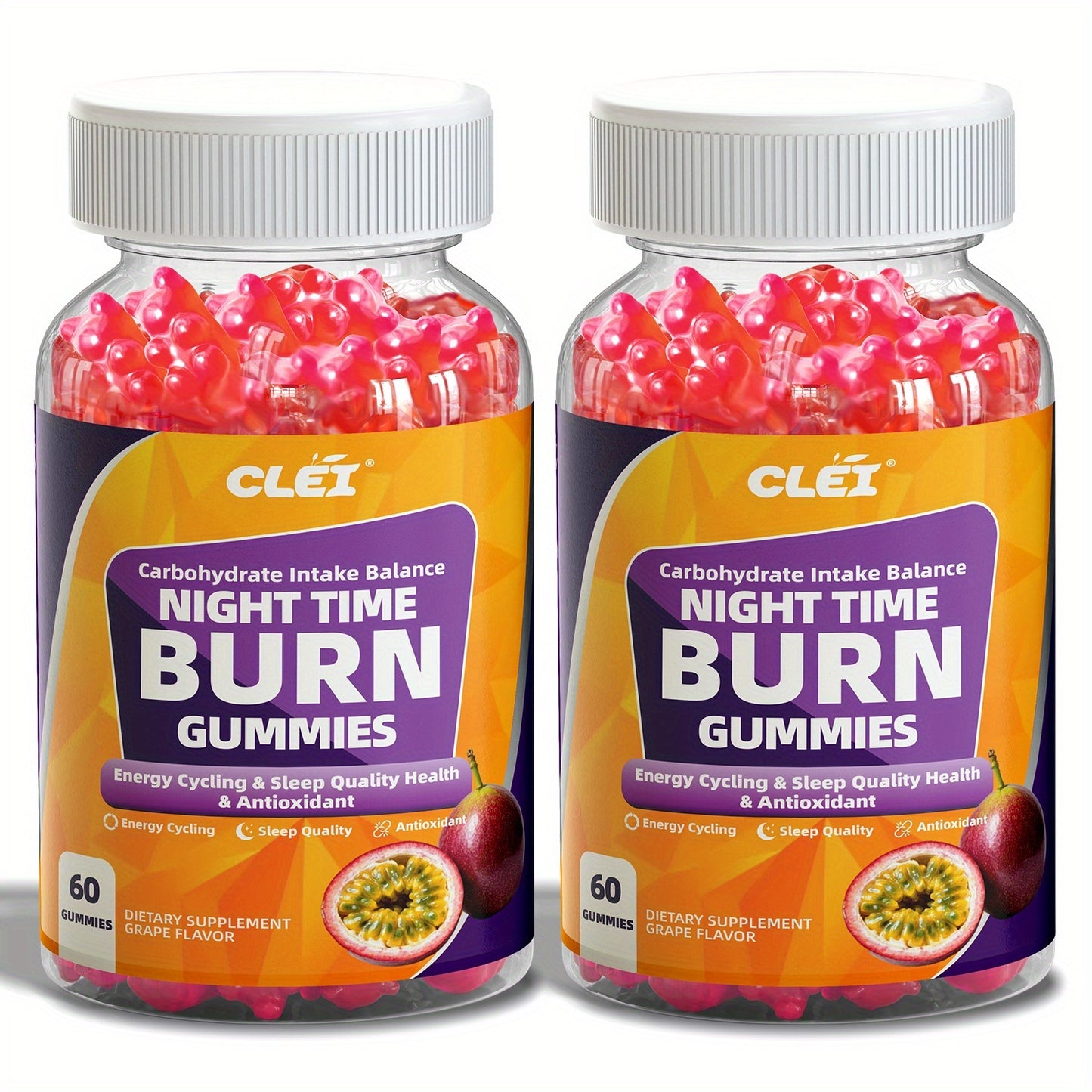 CLEI-NIGHT TIMEBURN Antioxidant Gummies with White Kidney Bean Extract, Green Coffee Bean Extract, Lemon Balm, Melatonin & Passionflower - 60 Gummies for Sleep Aid, Mood Support & Nighttime Digestion, Gentle Nighttime Formula