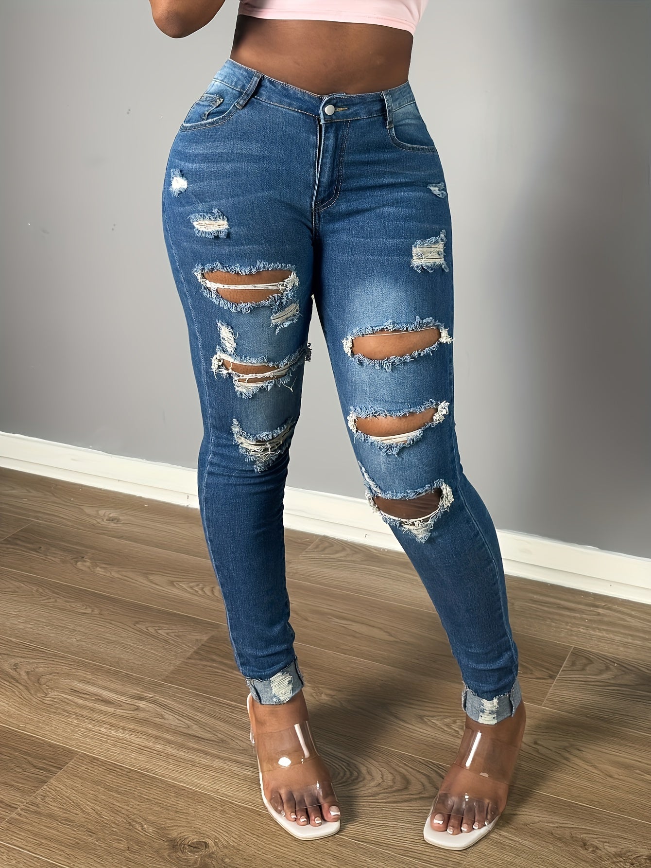 Stylish Slim-Fit Ripped Hem Skinny Jeans - Plicated Pattern, Distressed Wash, Slant Pocket, Stretchy Denim, Soft Fabric, Women's Fashion Denim Pants & Clothing For Casual Wear