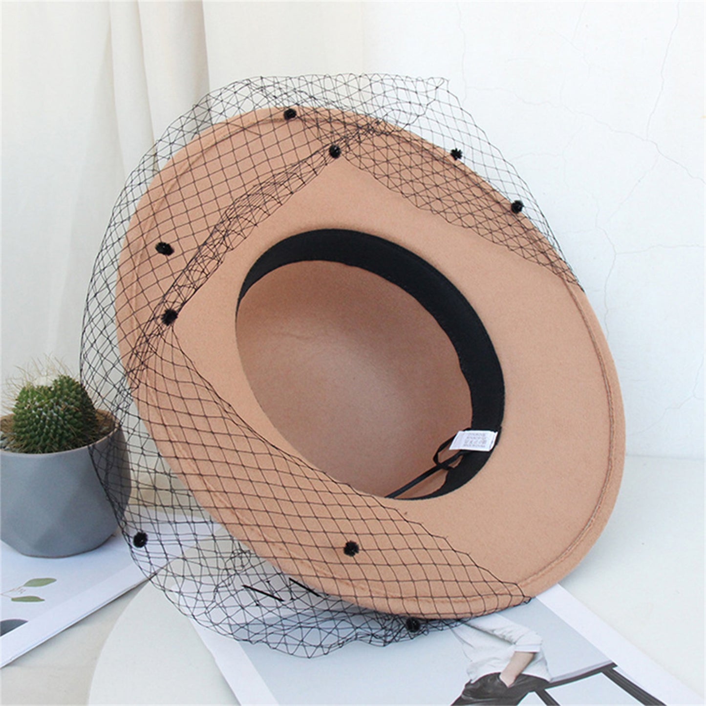 Women's Wide Brim Fedora Hat with Black Lace Veil & Floral Decor - Non- Derby Cap for Church, Bridal Tea Party, Formal Events