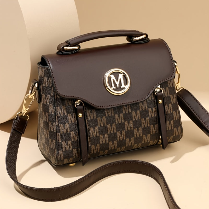 Vintage Geometric Women's Handbag - Large Capacity PU Shoulder Bag with Golden-Tone Hardware, Herringbone Pattern & Letter "M" Design, Detachable Strap, Perfect for Everyday Use (Light Brown/White/Black)