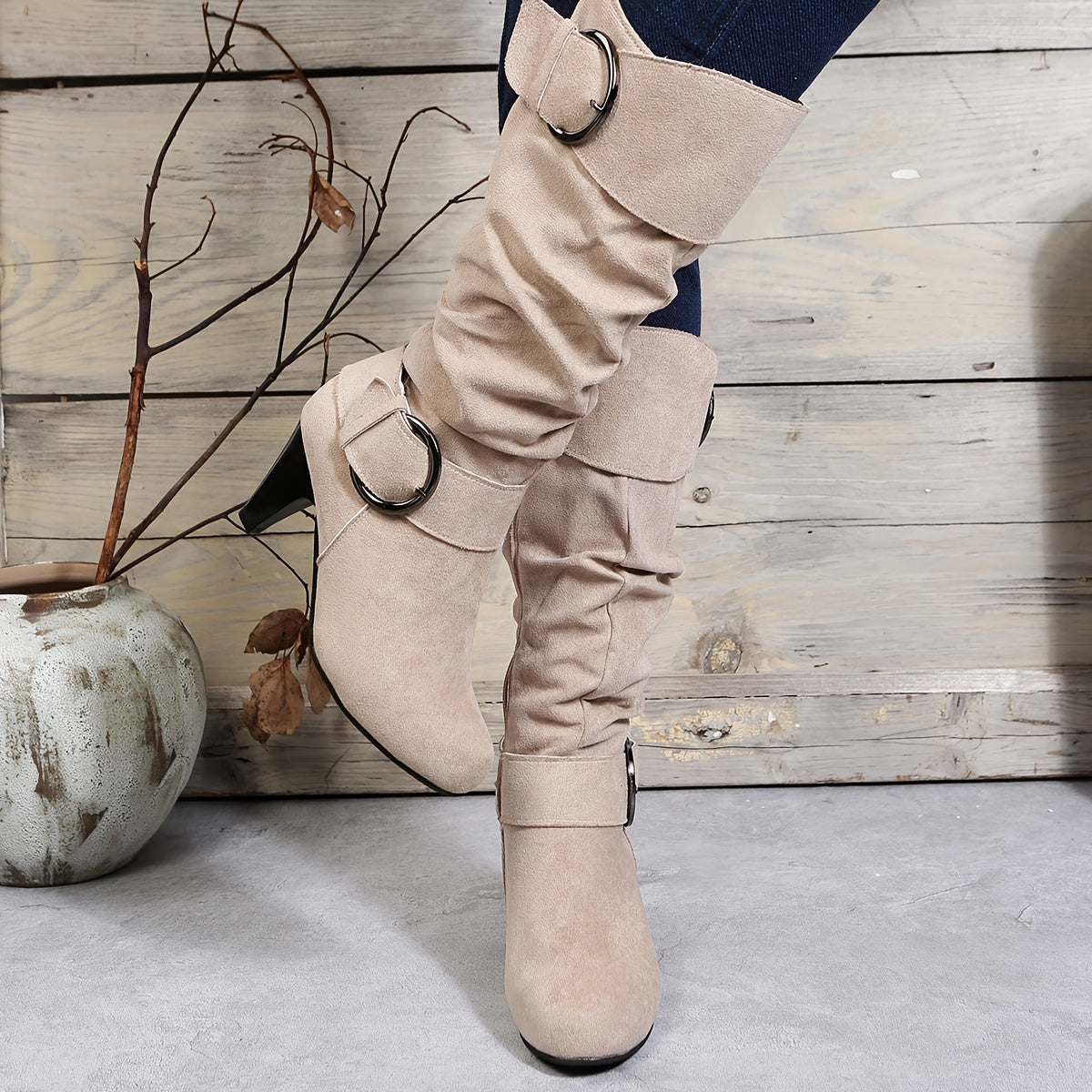 Women'S Beige Faux Cover Ankle Boots with Buckle Straps & Side Zipper - 2.76inch Chunky Heel, Round Toe Comfort for Fall, Versatile for Casual & Formal Outfits, High Heel Boots, Versatile Ankle Boots, Sleek Boot Design, Fabri