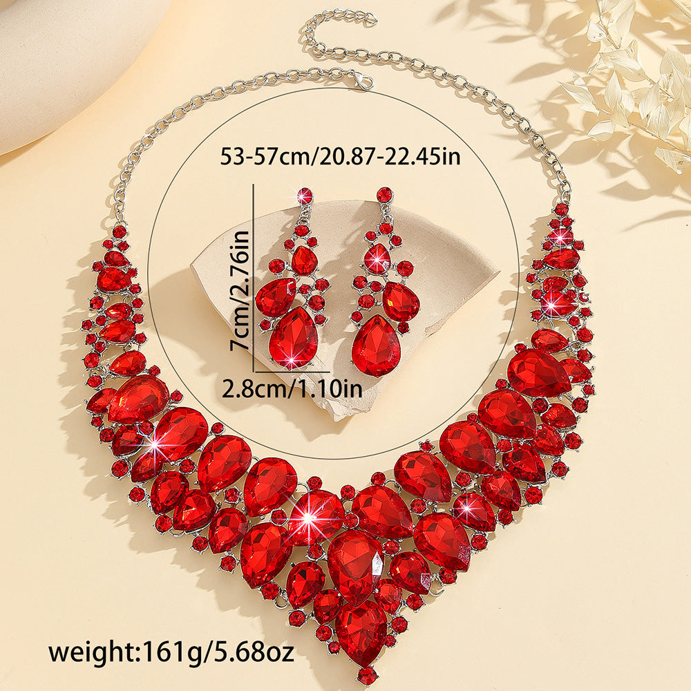 2pcs Bold Red Lab-Created Artificial Crystal Necklace& Earrings Set, Bridal Wedding Jewelry Gift for Women, Statement Anniversary Valentine's Day Accessories for Bride, Luxe Artificial Crystal Bridesmaid Set