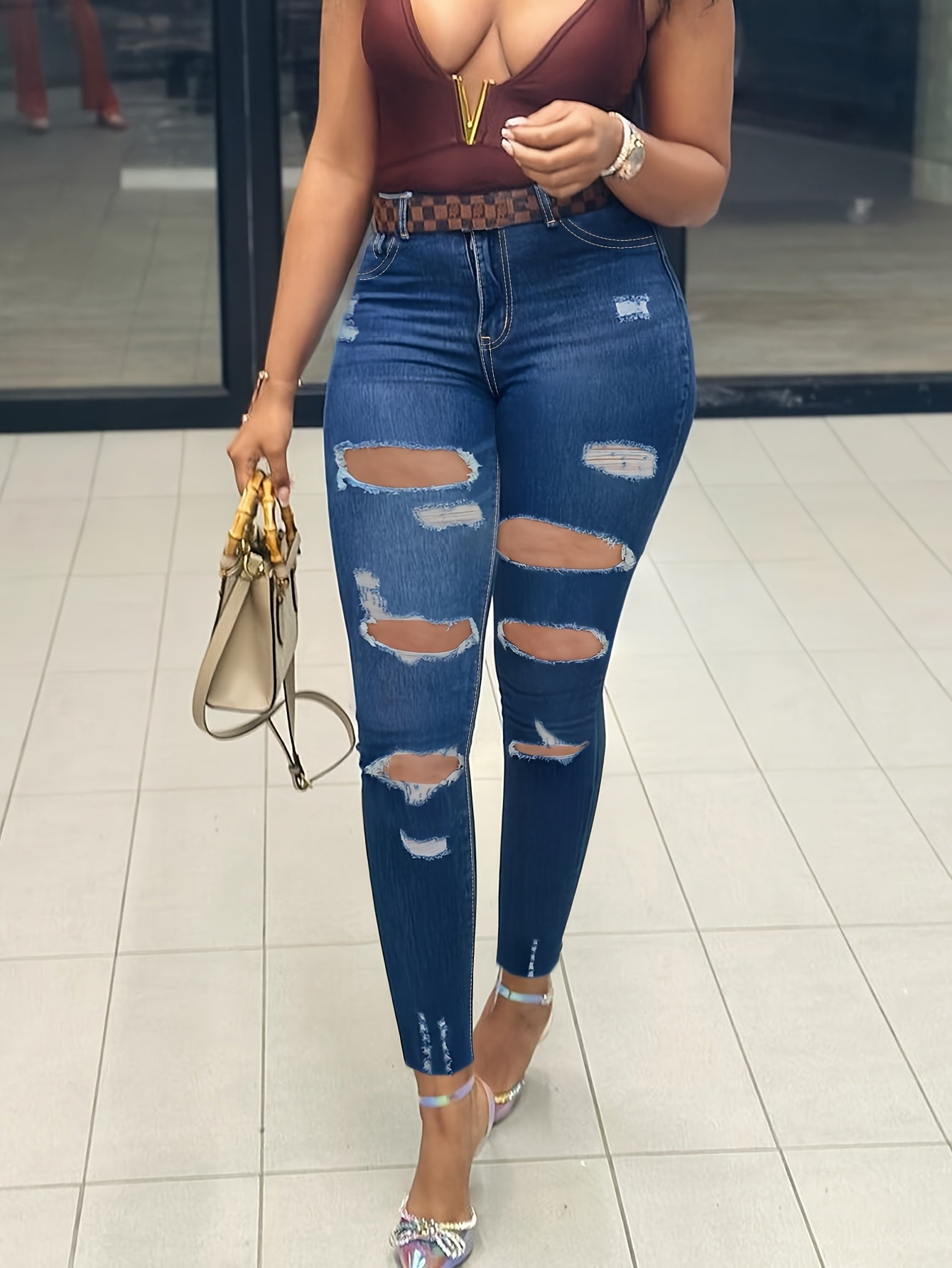 Women'S Plus Size Ripped Skinny Jeans - Stretch Denim With Distressed Details, Raw Hem & Frayed Cut-Outs, Casual American Country Style, WashSlim Fit For All Seasons, Versatile Clothing | Distressed Denim | Blend Jeans