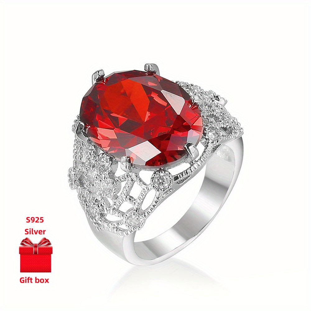 925 sterling silver ring, red oval ring, wide face ring, exquisite and shiny. Ladies' rings, hypoallergenic.gift jewelry boxes, suitable for birthday gifts, holiday gifts, Valentine's Day gifts, and Summer cool accessories. S