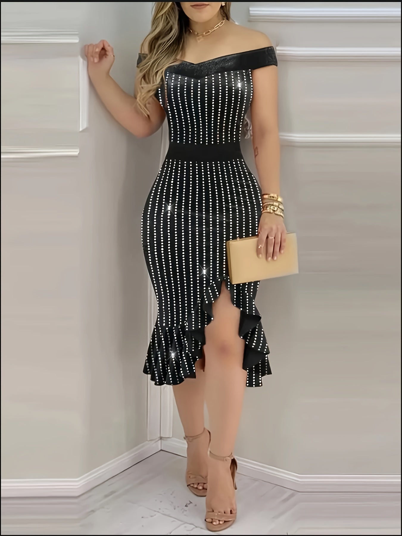 Plus Size - Elegant Plus-Size Sequin Dress for Women - Off the Shoulder, Ruffle Hem, Stretchy Polyester, Black Polka Dot Design, Perfect for Vacation & All-Season Wear, Elegant Event Attire | Offshoulder Dress | Polka Dot Pat