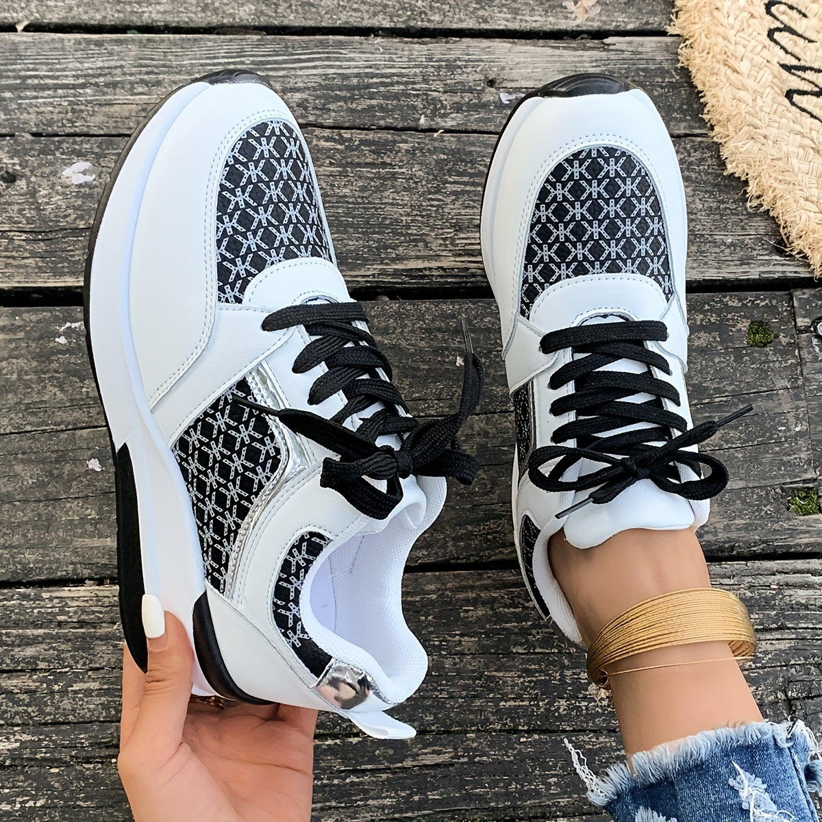 Women's White Wedge Sneakers with Black Geometric Print - Height-Increasing Lace-Up Low-Top Casual Shoes, Synthetic Cover Upper & PU Sole, Fabric Lining for Autumn Fashion, Ladies Sneakers, Stylish Laceups, Durable Pu Sole