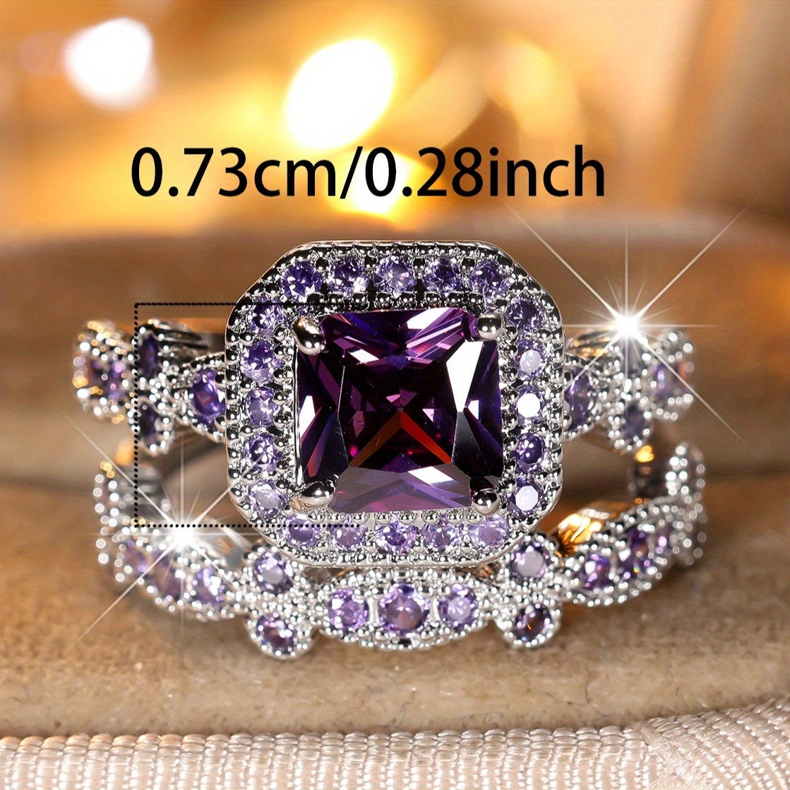 Set of 2 Stylish Square-Cut Purple Synthetic Zirconia Engagement Rings, Bohemian Chic Design, Copper with Coating, Ideal for Weddings And Proposals, Available in Sizes 5-13