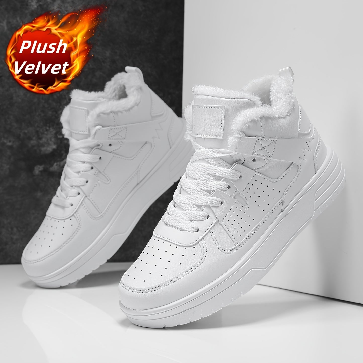 WANWEISI Men's Winter High-Top Thick-Sole Sneakers with Plush Fleece Lining - Heavy-Duty & MD Sole, Lace-Up Winter Boots for Hiking, Outdoor, Casual & Casual Attire - Warm Thermal Insulation, Cushioned Comfort, White/Black/Re