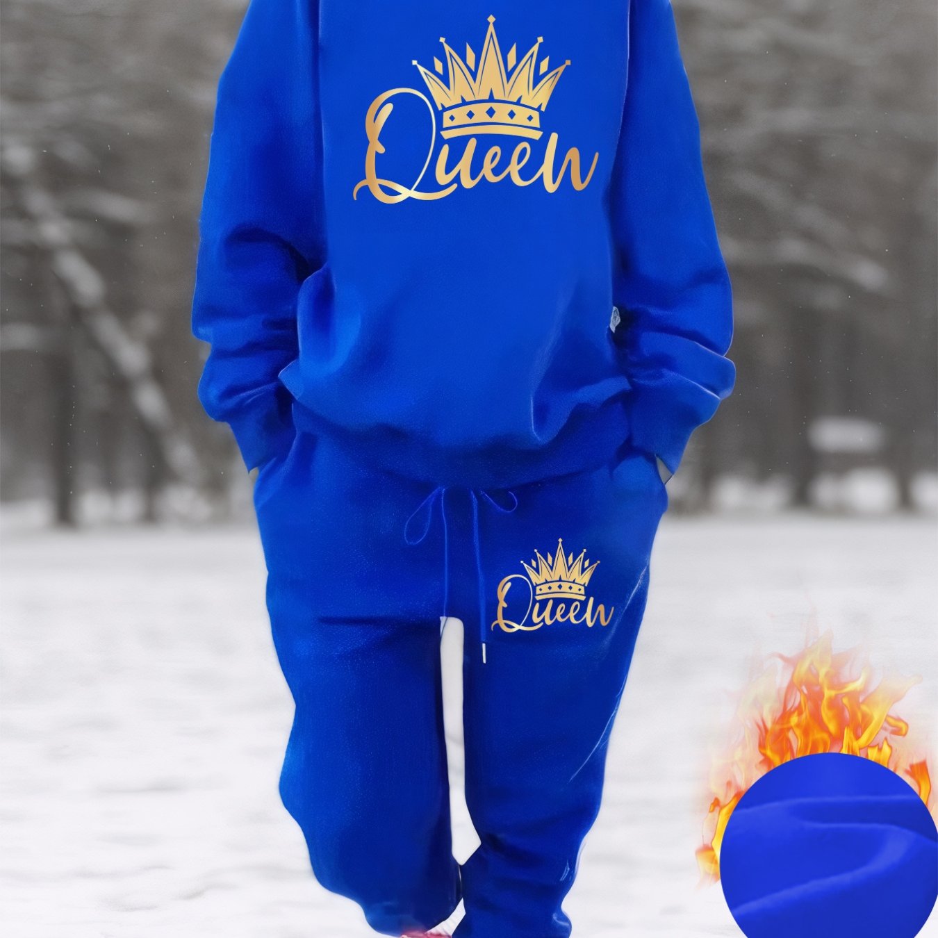 Plus Size, Autumn/Winter Plus Size Women's -Lined Sweatshirt Set with Queen Crown Print, Round Neck Long Sleeve Sweatshirt and Drawstring Pocket Pants, Casual Streetwear Winter Women's Sweatshirt Two-Piece Set