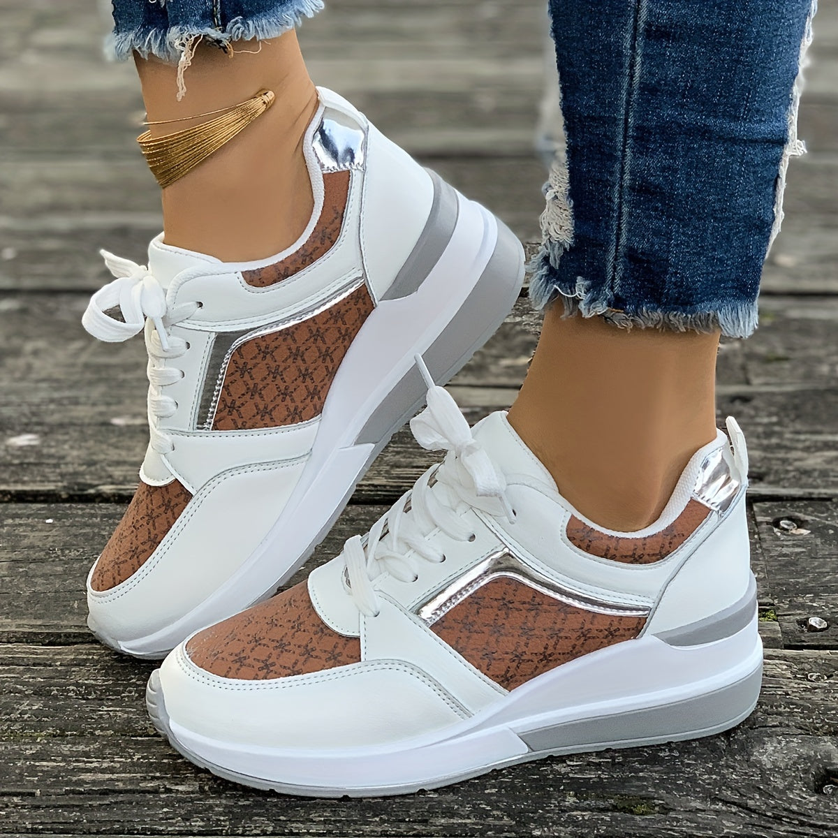 Women's White Wedge Sneakers with Black Geometric Print - Height-Increasing Lace-Up Low-Top Casual Shoes, Synthetic Cover Upper & PU Sole, Fabric Lining for Autumn Fashion, Ladies Sneakers, Stylish Laceups, Durable Pu Sole