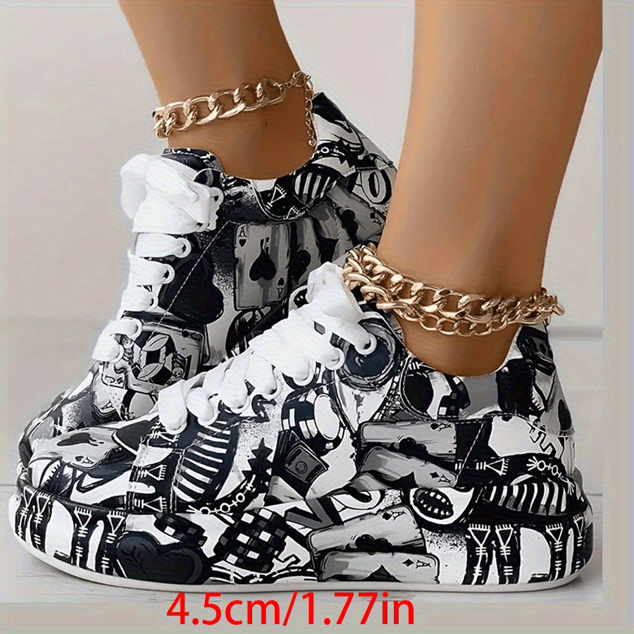 Women'S Breathable Low-Top Lace-Up Sneakers with Thick Rubber Sole- Monochrome Graphic Print Casual Shoes for Petite Women, All-Season Versatile Sneakers with Synthetic Cover Upper, Ladies Sneakers, Everyday Footwear, Modern