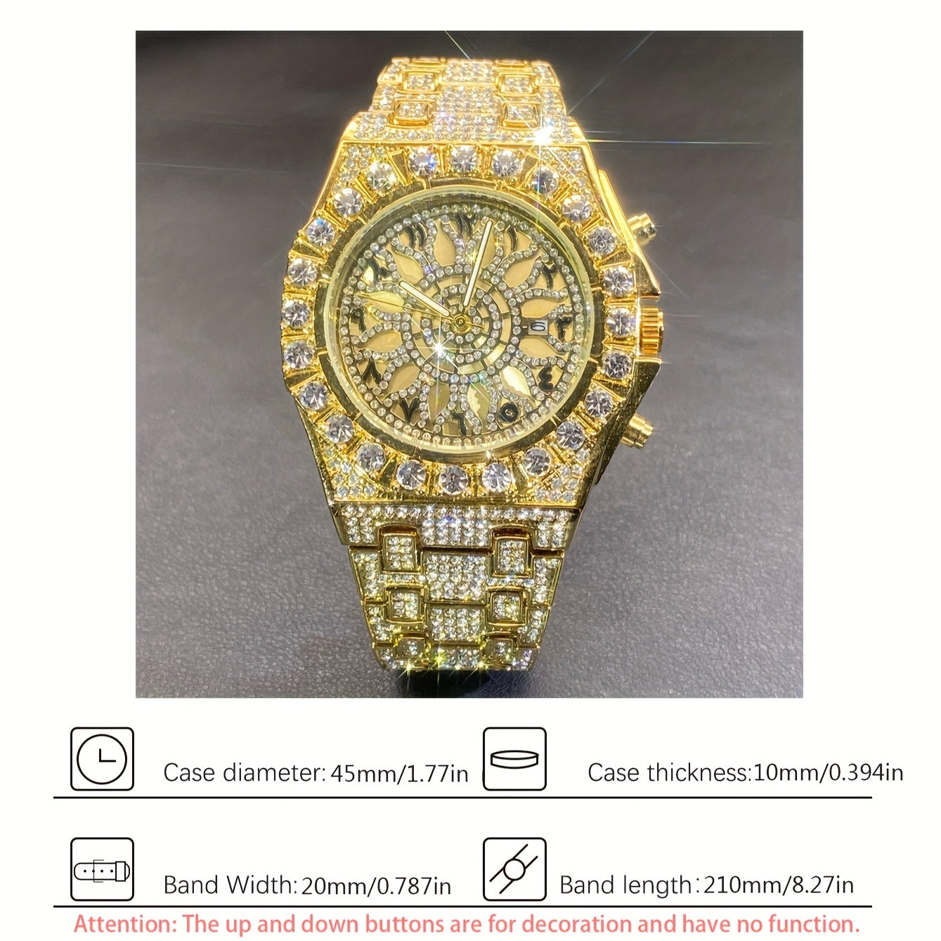 MISS FOX Men'S Luxury Golden-Tone Rhinestone-Encrusted Dual-Layer Openwork Dial Quartz Watch with Luminous Hands & Date Calendar - Party & Casual Elegant Watch for Festive Occasions, Festive Watch | Rhinestone Embellished | I