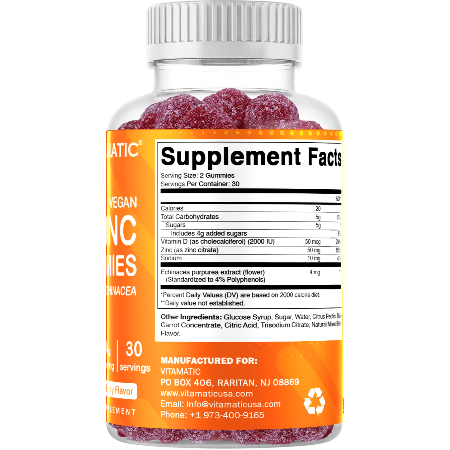 Vitamatic Zinc 50mg Gummies - 60 Vegan Gummies - Gluten Free - Healthy Immune Support for Adults, Men, Women