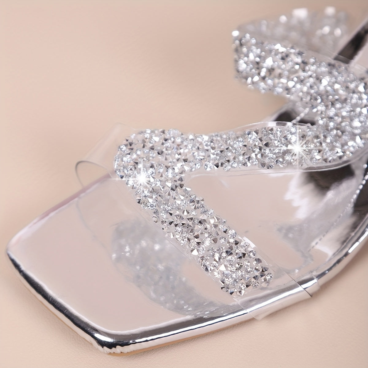 Women's Sparkling Rhinestone High Heel Sandals - Open-Toe Slip-On Summer Party Shoes with Glittery Block Heel, Transparent Straps & Synthetic Cover for Night Out or Casual Wear, Casual Chic Shoes | Strapless High Heels | Rhin