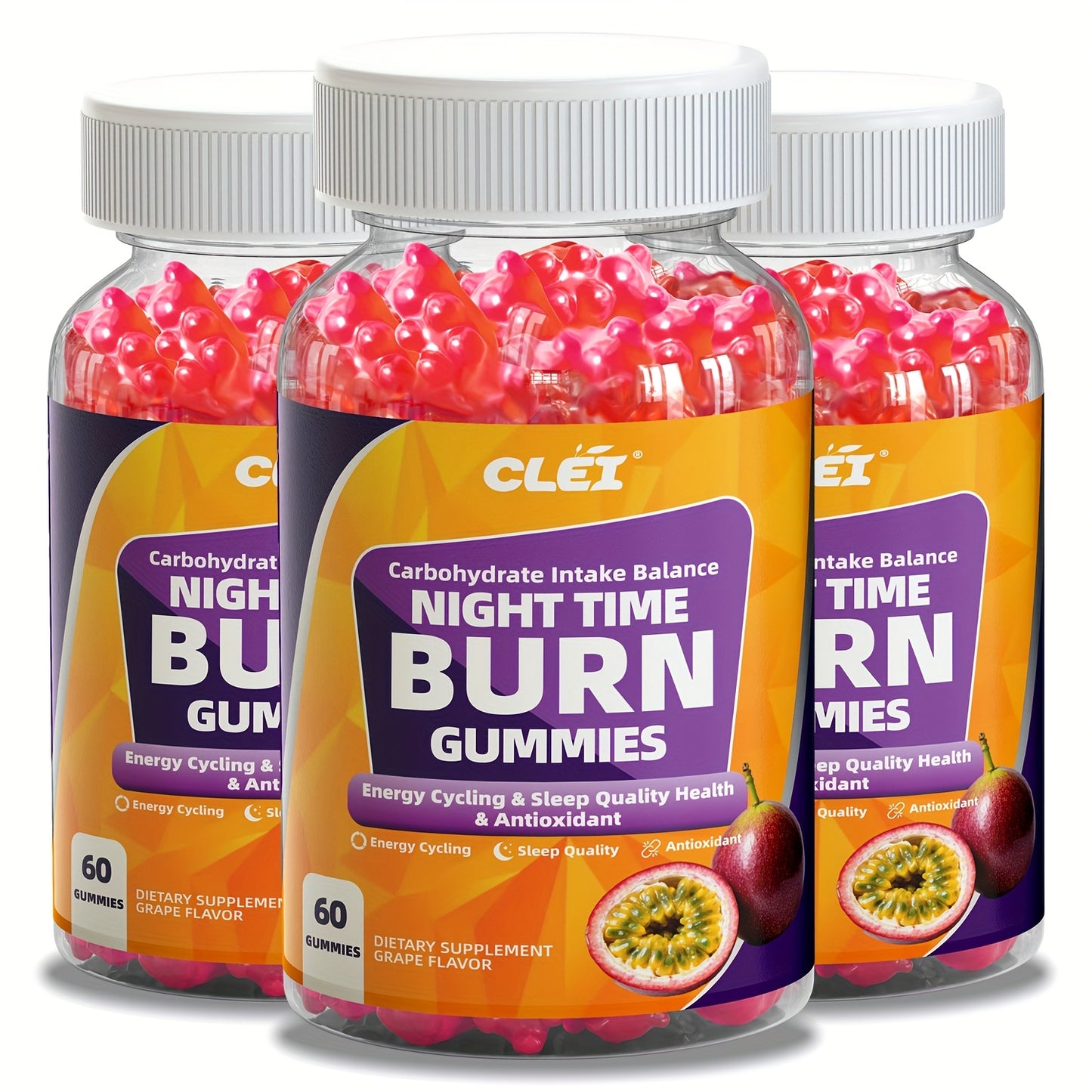 CLEI-NIGHT TIMEBURN Antioxidant Gummies with White Kidney Bean Extract, Green Coffee Bean Extract, Lemon Balm, Melatonin & Passionflower - 60 Gummies for Sleep Aid, Mood Support & Nighttime Digestion, Gentle Nighttime Formula