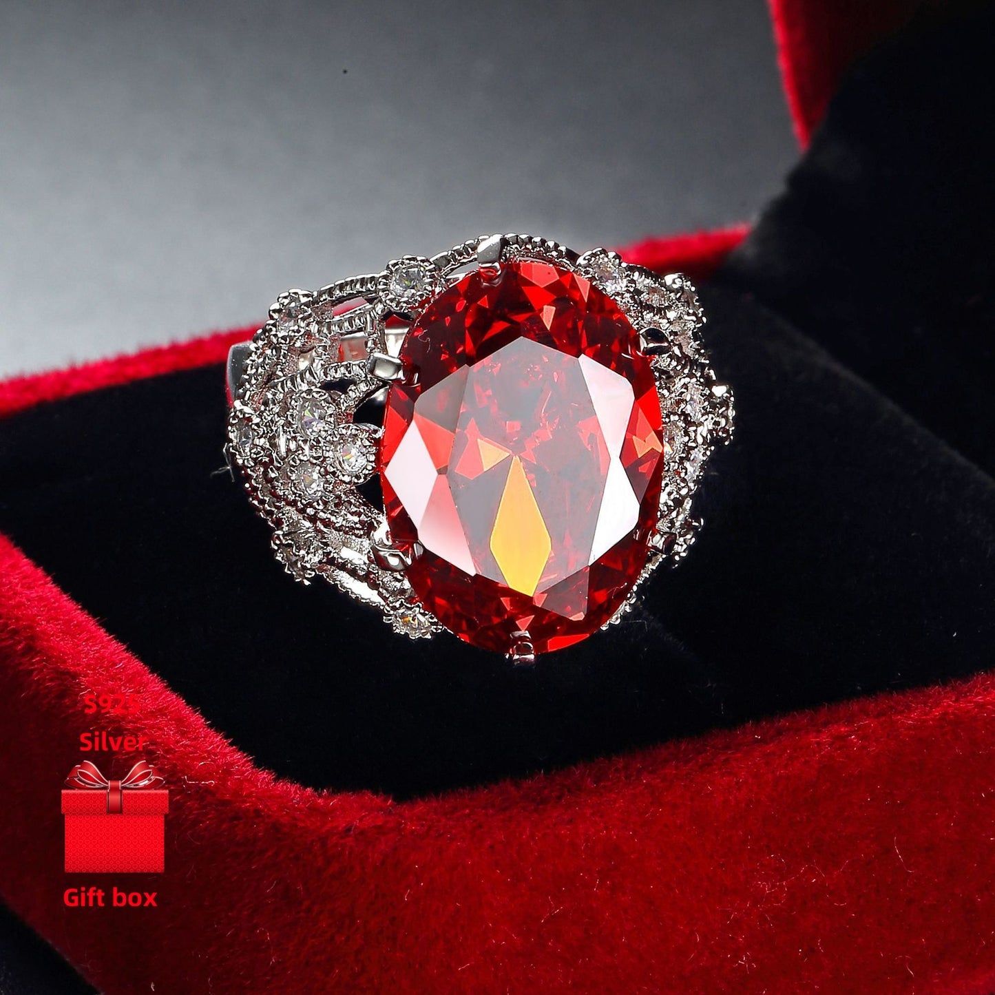 925 sterling silver ring, red oval ring, wide face ring, exquisite and shiny. Ladies' rings, hypoallergenic.gift jewelry boxes, suitable for birthday gifts, holiday gifts, Valentine's Day gifts, and Summer cool accessories. S