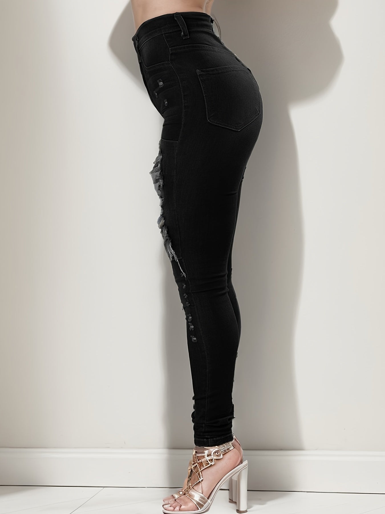 Ripped High Waisted High Stretch Tight Jeans, Comfortable Casual Jeans, Suitable For Daily Wear, Women's Jeans And Clothing