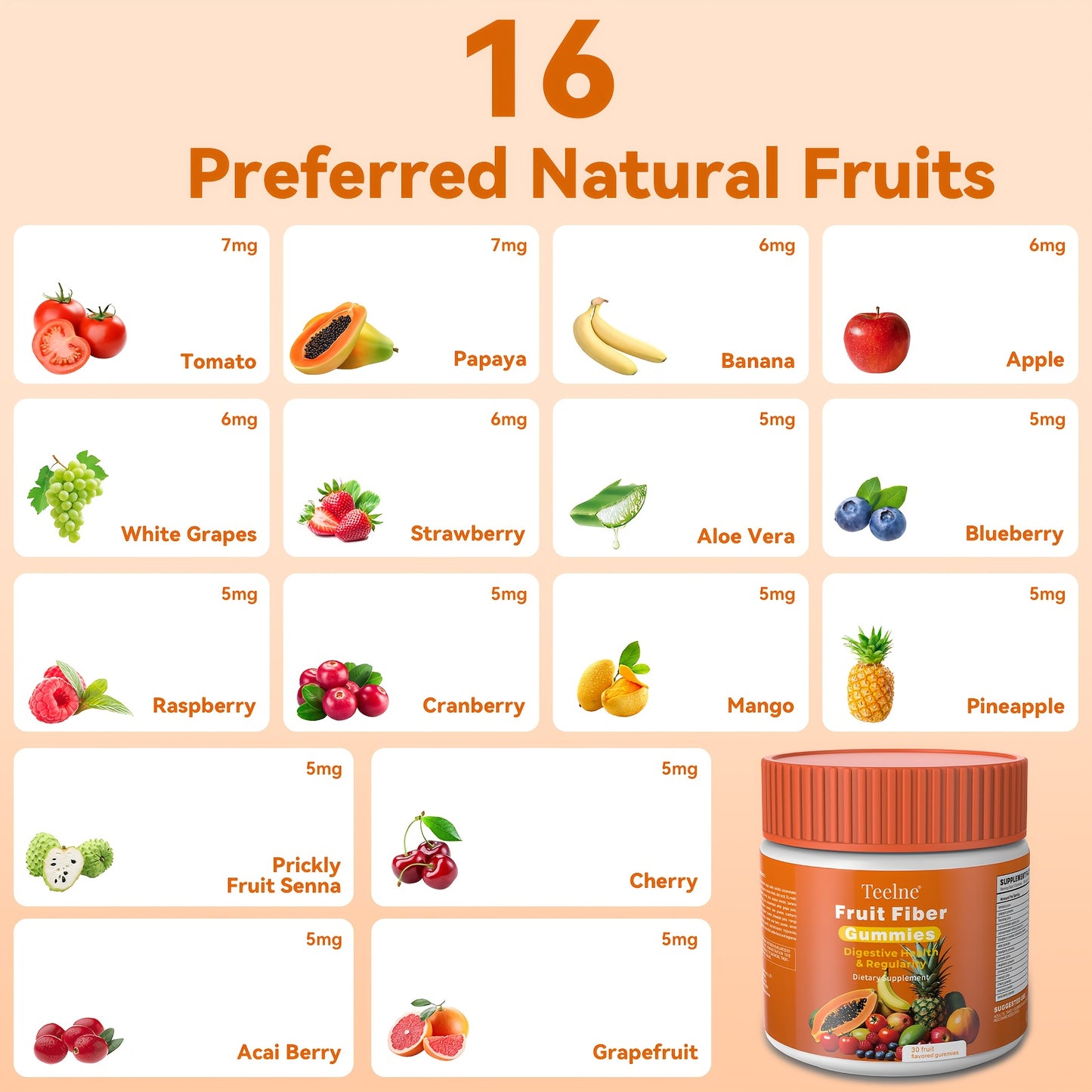 Teelne Fruit Fiber Gummies for Digestive Health & Detox - 30ct, 3g Each, Prebiotic Fiber with Apple & Citrus Bioflavonoids, Allergen-Friendly, Supports Regularity & Immune Function, Gut Health Support | Gummy Supplement | All