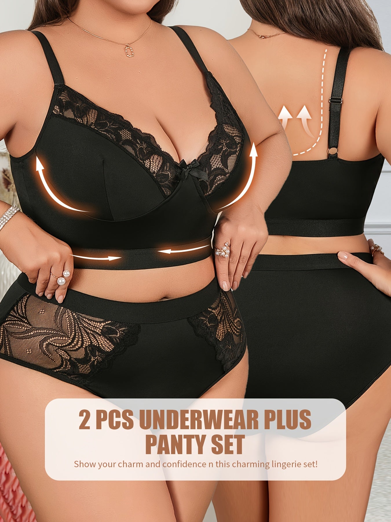 Plus Size Sexy Lace Lingerie Set Lace Lace Neckline Bowknot Backless Bra Sexy Semi-Sheer Temptation Erotic Lingerie Panties Two Sets