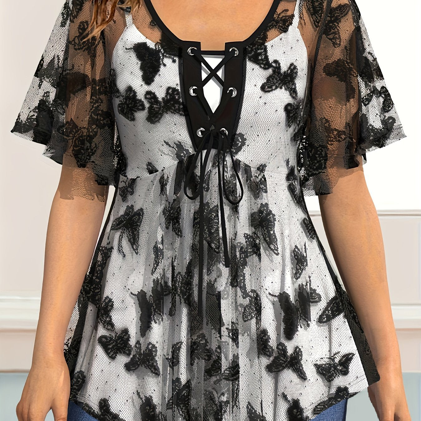 Plus Size Elegant Lace Up Butterfly Pattern Short Sleeve Top, Women's Clothing