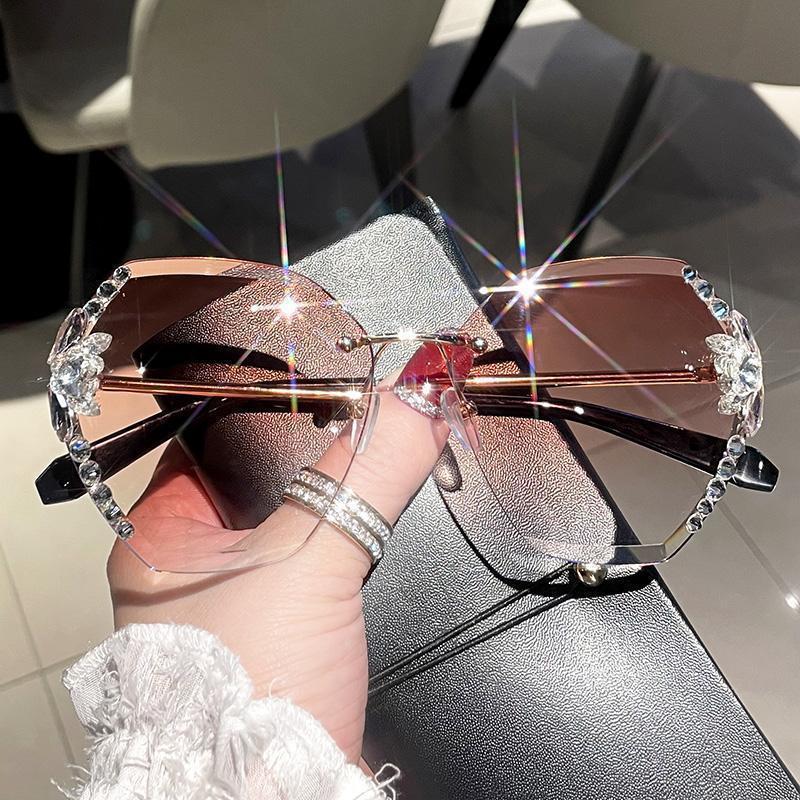 Women's Frameless Fashion Glasses with Sparkling Rhinestone Temples - Dark Purple Tinted Lenses, Stylish & Elegant Professional Design for Fashion, Fashion Eye Glasses, Highquality Eyewear, Designer Eyewear, Trendy Women