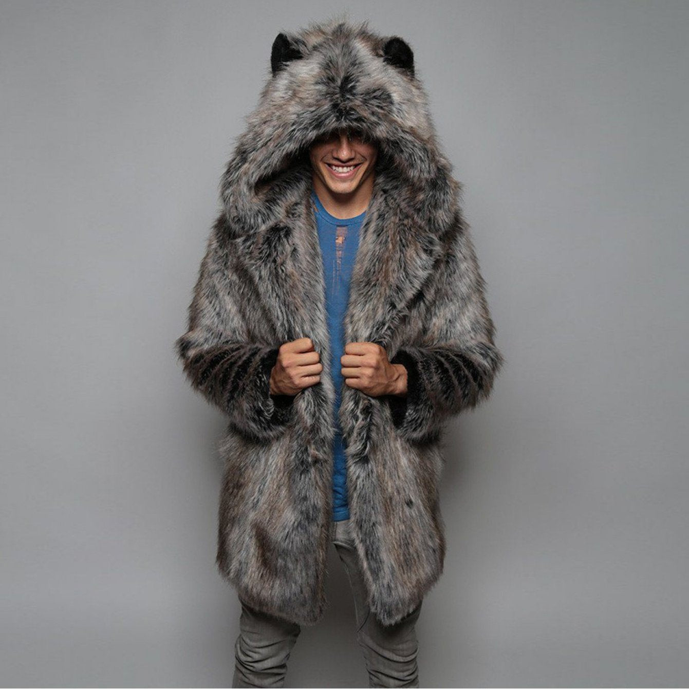 New European and American Style Faux Fur Coat for Men Winter Casual Warm Mink Fur Long Coat with Hood