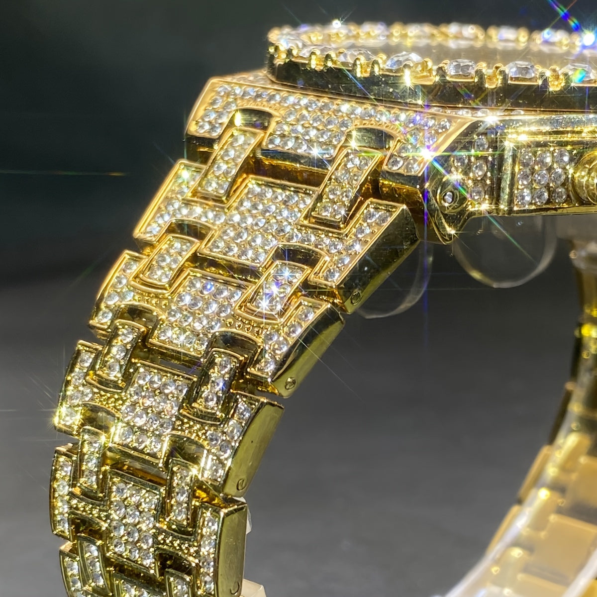 MISS FOX Men'S Luxury Golden-Tone Rhinestone-Encrusted Dual-Layer Openwork Dial Quartz Watch with Luminous Hands & Date Calendar - Party & Casual Elegant Watch for Festive Occasions, Festive Watch | Rhinestone Embellished | I