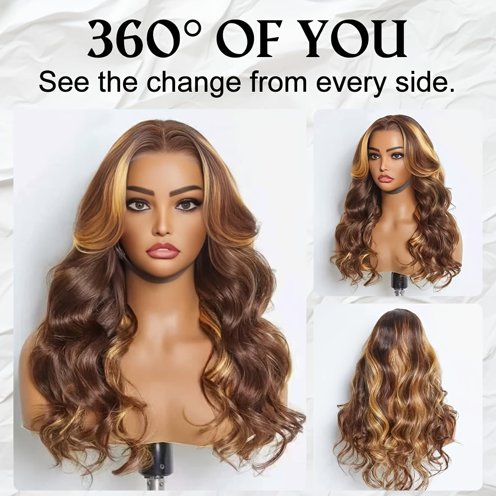 Glueless Human Hair Wig with 7x5 Lace Front - Ombre Highlight #FB30 (Balayage Blonde/Brown) Pre-Bleached Invisible Knots, 250% Density Body Wave Brown to Blonde Ombre, No Glue Needed, Instant Wear for (Lace Frontal Wigs