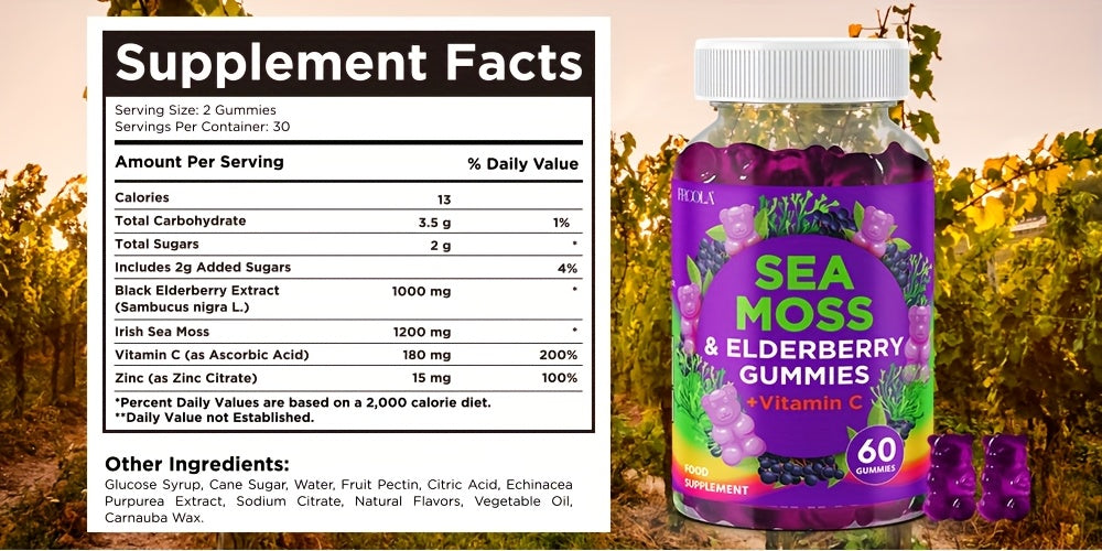 [Sea Moss Gummies] 60 Sea Moss & Elderberry Gummies | 71850mg Upgrade Formula- Sea Moss, Black Elderberry, Vitamin C And Zinc