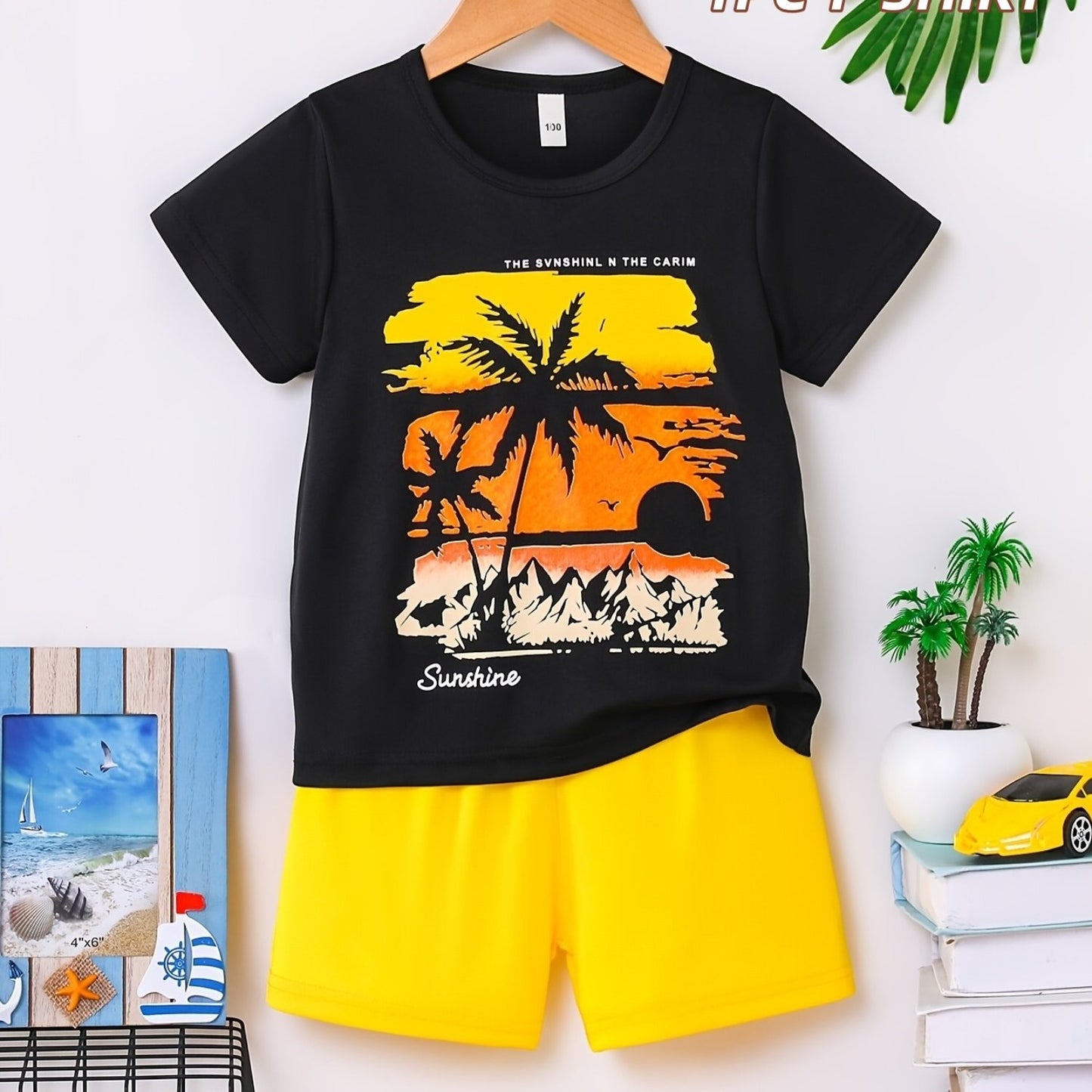 1 Boys 100% Cotton T-Shirt - Tropical Sunset Beach Coconut Tree Print Short Sleeve Crew Neck Top, Black with Yellow Orange Pattern, Breathable Casual Shirt for Outdoor Play, Sports and Daily Wear, Machine Washable, Ideal Gift