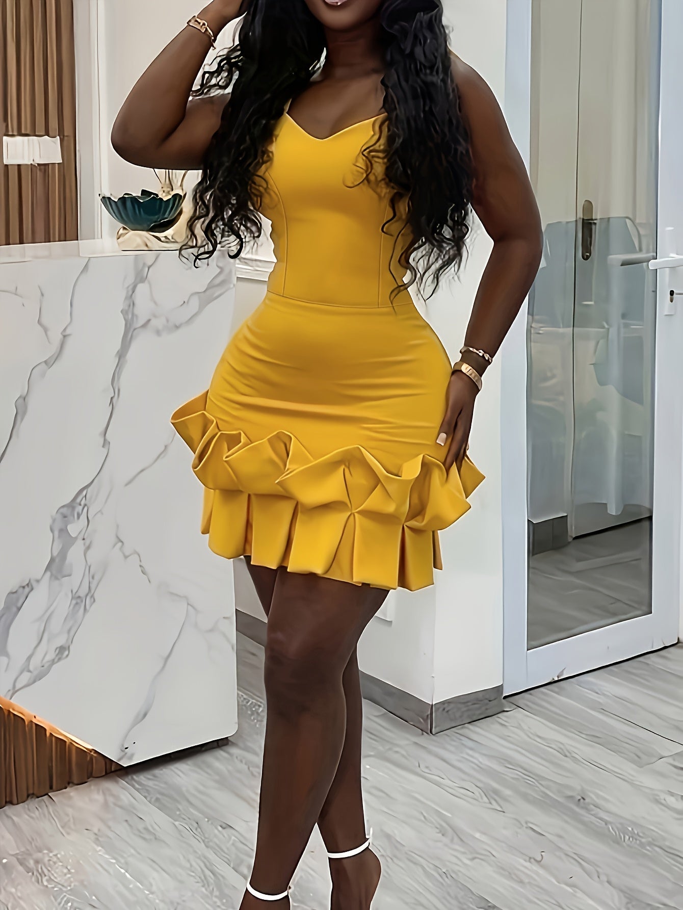 Plus Size, Women's Elegant Party dress - Sleeveless V-Neck Formal gown, Bright Mustard-Yellow, Machine Washable Evening & Cocktail dress for Women, Dresses for Party, Night Out Outfit, Ruffled Hem, Comfortable Fit, Fashion Lo
