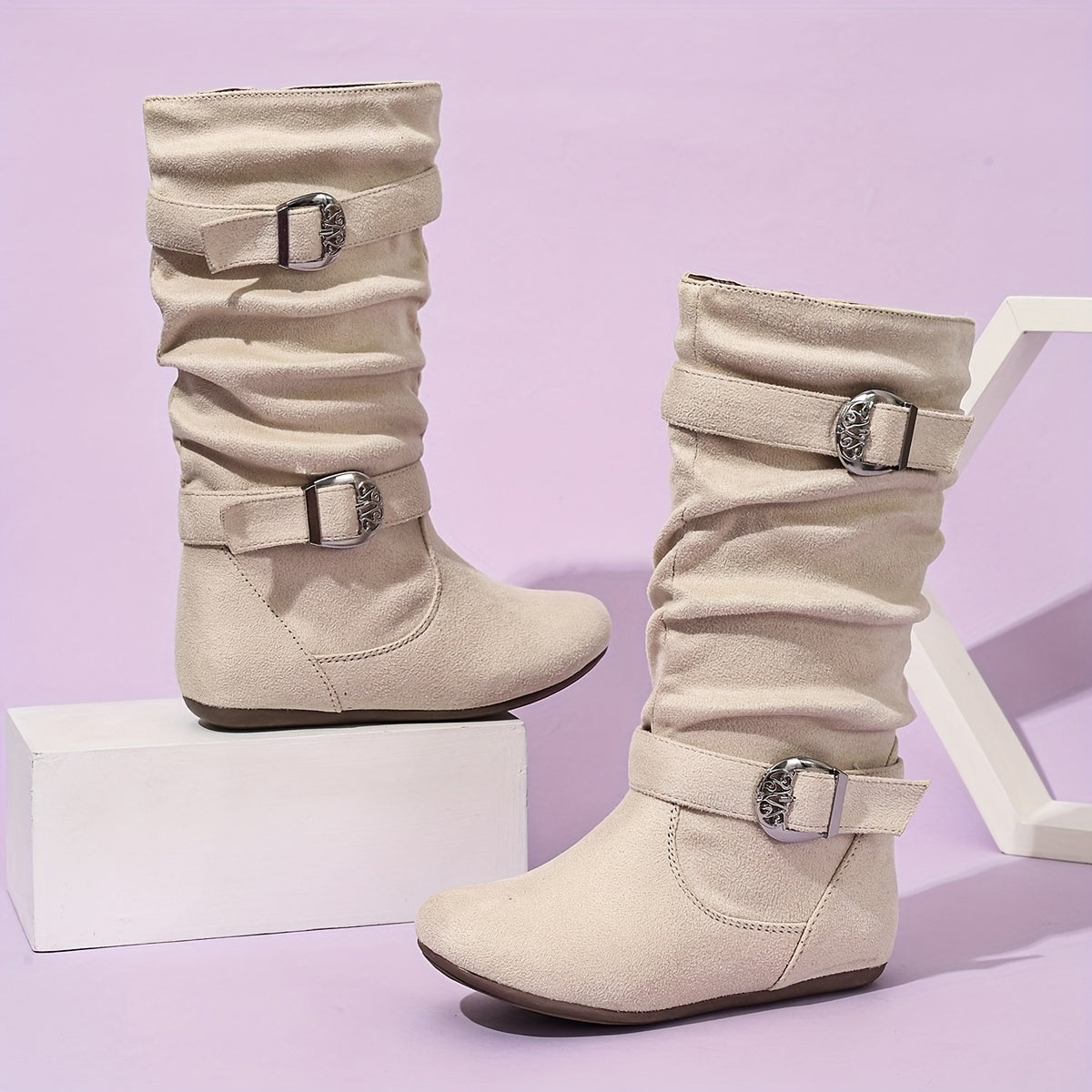 Girls' Pleated Mid-Calf Boots with Fringe & Buckle - All-Season Zipper Closure Round Toe School Shoes, Soft TPR Sole & Fabric, Cute Brown/Black Casual Boots for Kids ( to Teen) - Comfortable Everyday Boots