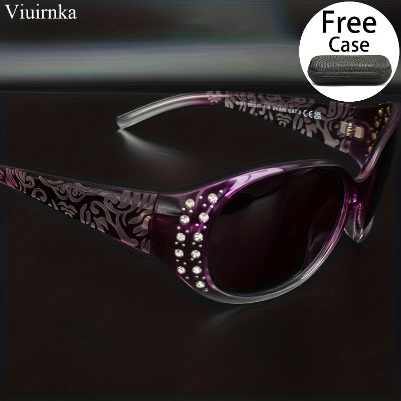 Trendy Glasses for Women - Fashionable Rhinestone-Embellished Cat-Eye Glasses with Purple Floral Design, Lightweight & Durable Frames for Beach, Driving, Outdoor Activities, Street Style, Photoshoot, Luxury Vacation Essential