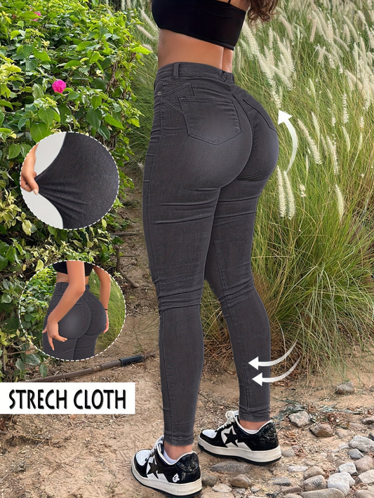 L035 Trendy And Versatile Street Fashion, Pure Black Skinny Stretch Ankle Pants, Women's Jeans.