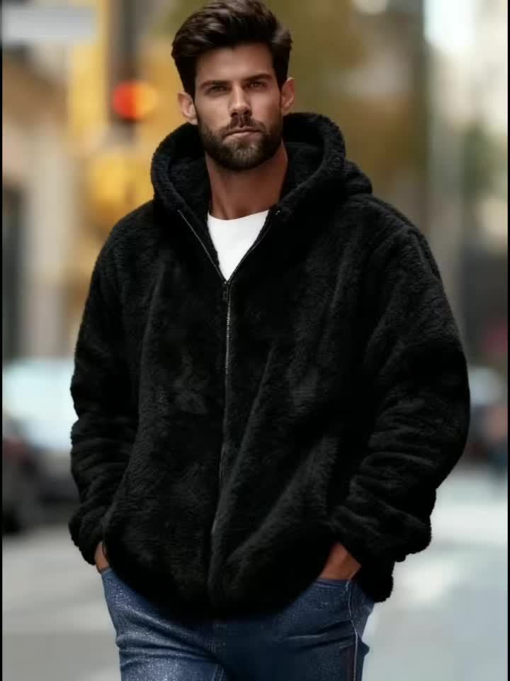 Men's Plush Jacket with Hood - Coral Fleece-Like Outer, Full-Zip Winter Warm Coat, Machine Washable, Pockets & Adjustable Hood, Casual Outerwear for Fall/Winter (No Bulk) - Ideal for Cold Weather (OBM