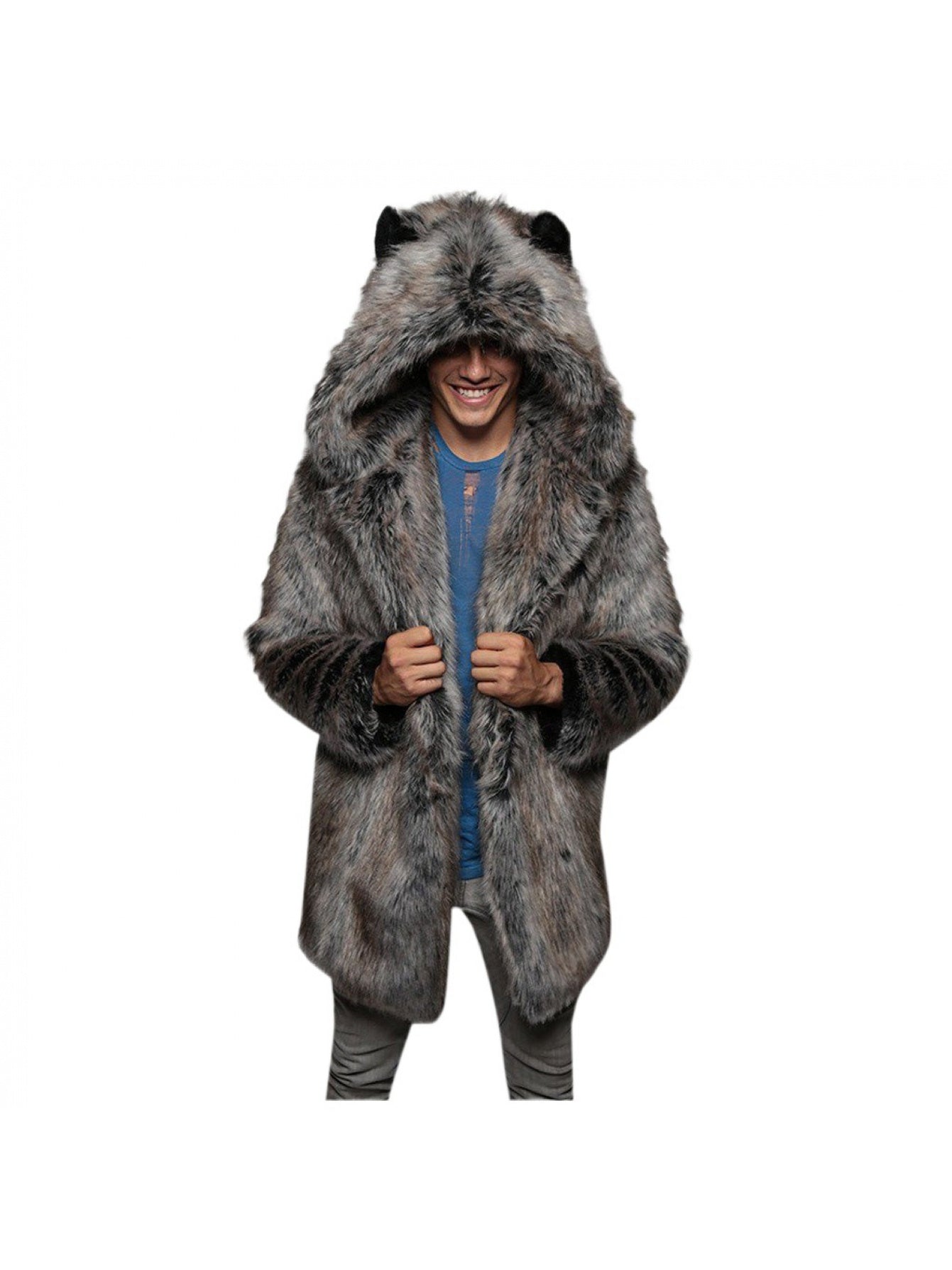 New European and American Style Faux Fur Coat for Men Winter Casual Warm Mink Fur Long Coat with Hood