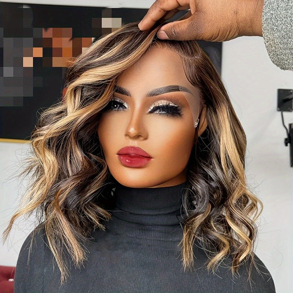 Ombre Honey Blonde 13x4 HD Glueless Lace Front Wig - 12 Inch Short Body Wave Human Hair Wig for, Pre-Plucked with Baby Hair & Bleached Knots, 250% Density, 4/27 Mixed Color, Fashion Accessory