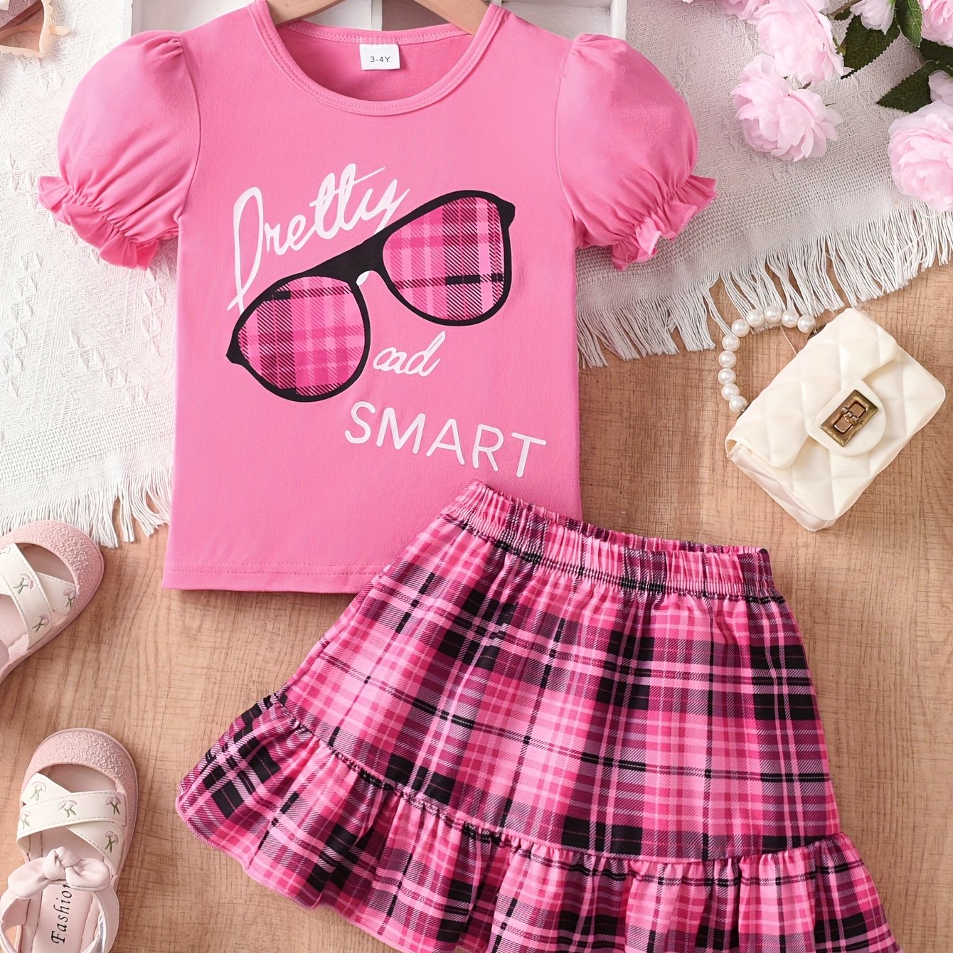 [2pcs Girls' T-Shirt Set] 2pcs Beautiful Smart Girls' Patterned Short Sleeve T-Shirt + Plaid Half Skirt Set
