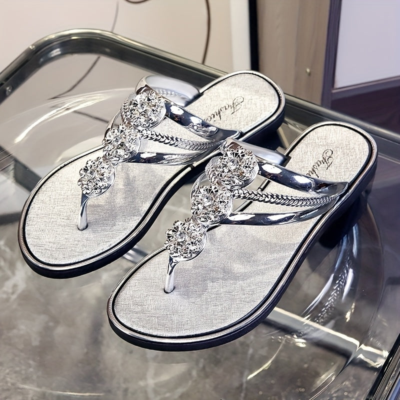 [Elegant Sandals] Lightweight Elegant Women’s Rhinestone Flat Sandals | Casual Outdoor Herringbone Slippers with Sparkling Metallic Accents, Beach Footwear, PVC Sandals, Summer Sandals