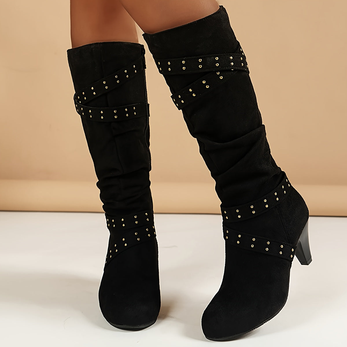 Women's Black Over-the-Knee Boots with Golden Studs, Chunky Heel & Side Zipper - Stylish High Boots for Casual Attire, Casual Chic Footwear | Fashionforward Boots | Comfortable Zipper Closure, High Heel Boots