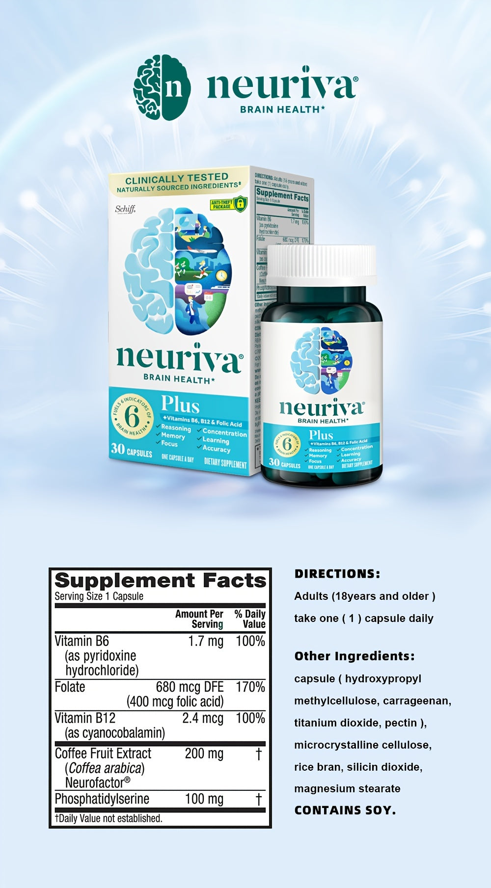 NEURIVA Brain Power Plus 30 /Bottle Phosphatidylserine, B6, B12, - Supports Attention, Memory, Learning, Accuracy, Concentration and Reasoning 2 Bottles