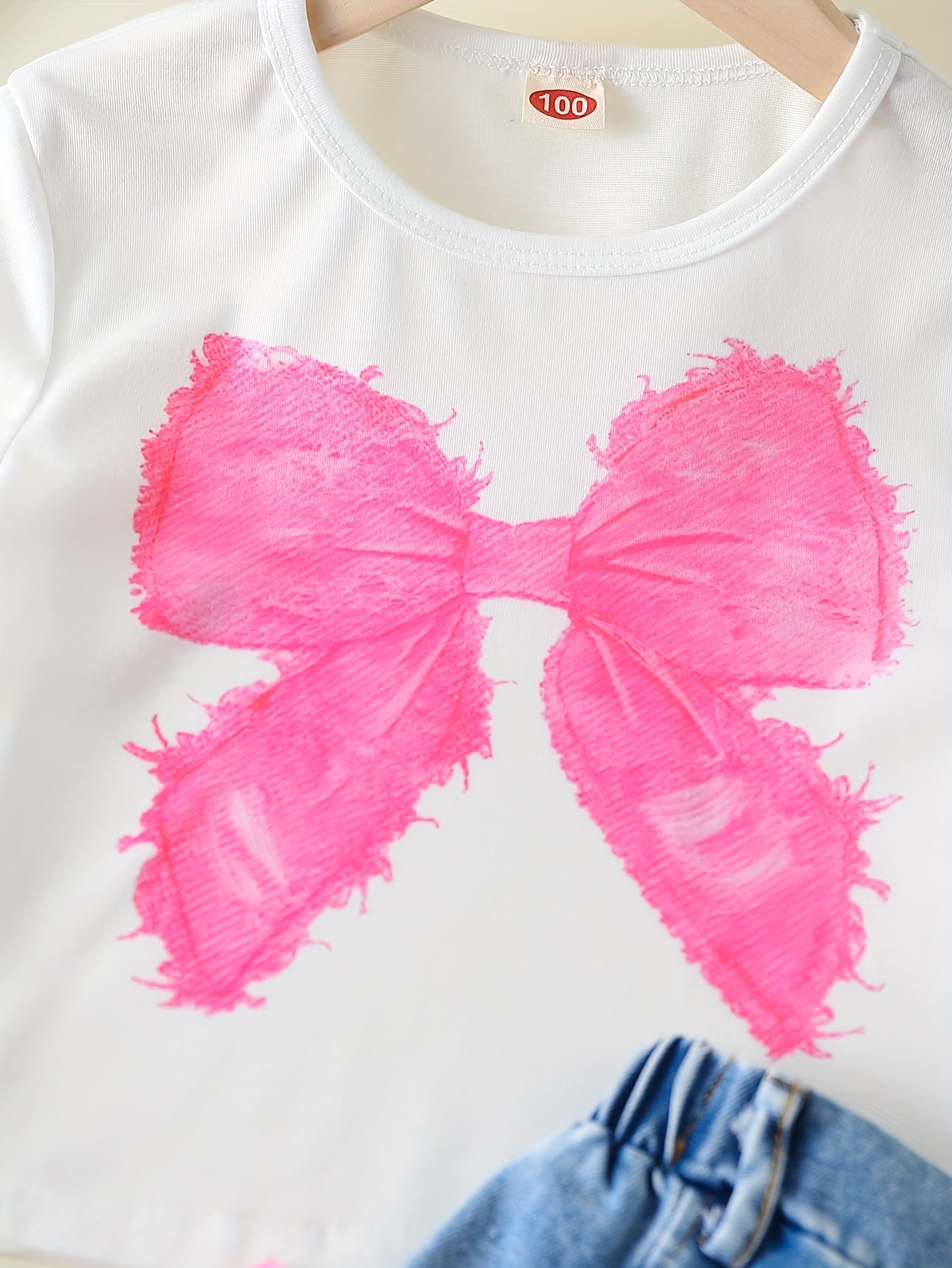 Girls' Summer Round Neck Short Sleeve Simple Versatile Cute Bow Print Top with Denim Shorts Set for Home Leisure Outing Daily Shopping Wear, for Outdoor