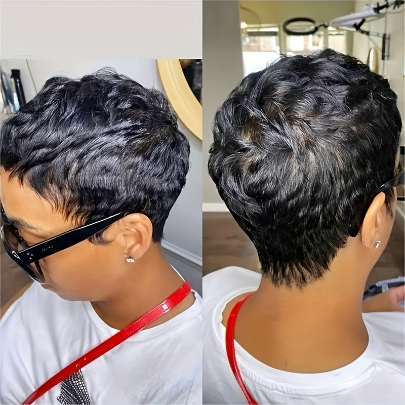 Brazilian Human Hair Wig Pixie Cut Short with Bangs - 180% Density Rose Net Cap Machine-Woven Wig for Women, Natural Straight Hair, Elegant Style, Fit All Ethnicities, Short Hair Wig, Versatile Hairpiece, Chic Hairpiece