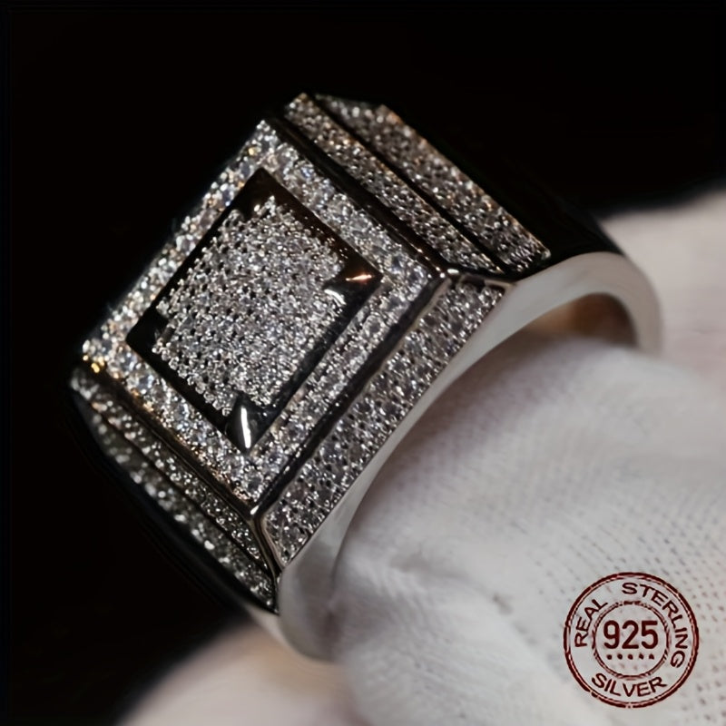 Noble 925 Sterling 925 Silver Rings for Men Dazzling Synthetic Zirconia Geometric Square Trendy Punk Wedding Business Ring Jewelry