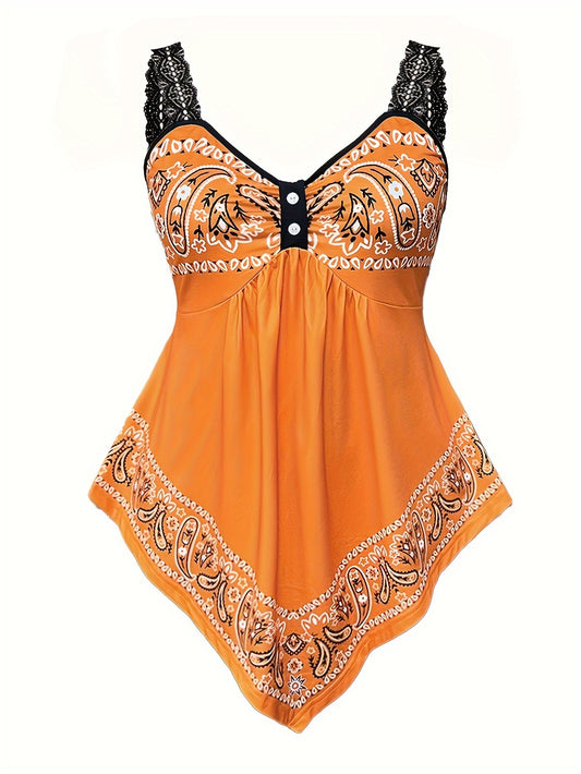 Plus Size Vacation Style Leggings Set, Paisley Print Asymmetrical Hem Lace Tank Top & Lace Stitching Capris Leggings, Women's Plus Size