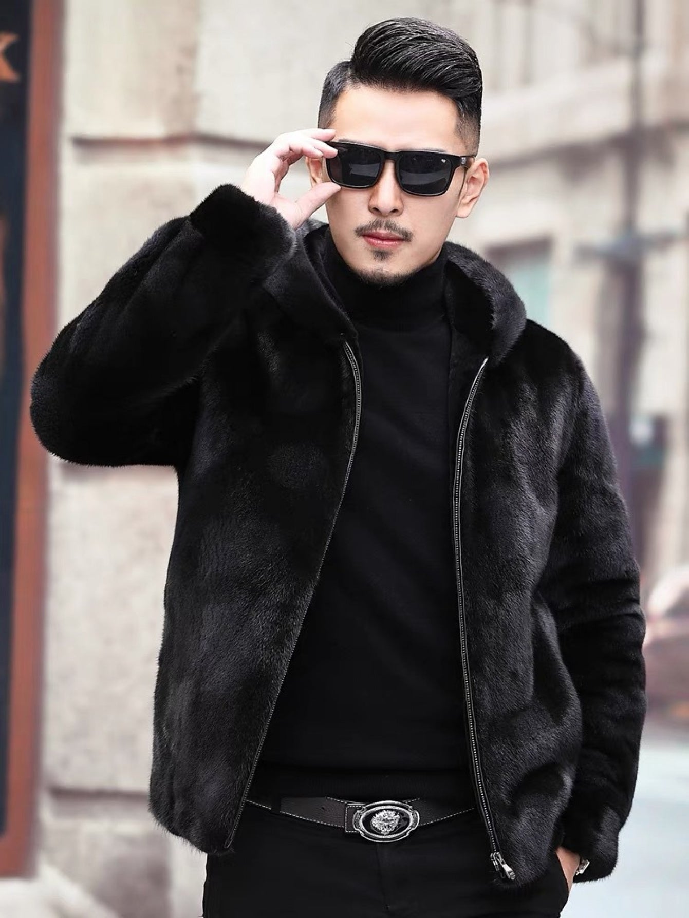 Men's Genuine Mink Fur Coat - Thickened Winter Jacket with Hood, Large Size Full-Length Collar &, Zipper Closure, Machine Washable - Luxurious Cold Weather Outerwear (Casual & Formal) - Faux Fur Jacket for Men