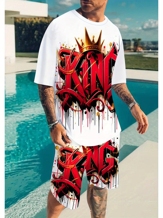 3D Crown KING Letters Pattern Full-body Printed Men'S Short-sleeved T-shirt +shorts Set Casual Summer Men'S Fashion 2pcs Sportswear Athletic Wear Men Round Neck and Short Sleeves Outfits Suits Regular Choice for Daily Fitness