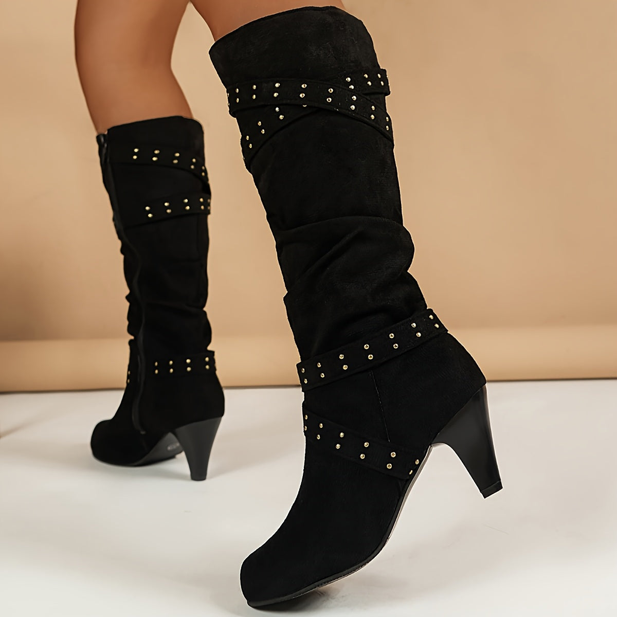 Women's Black Over-the-Knee Boots with Golden Studs, Chunky Heel & Side Zipper - Stylish High Boots for Casual Attire, Casual Chic Footwear | Fashionforward Boots | Comfortable Zipper Closure, High Heel Boots