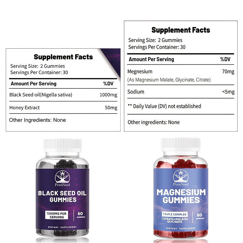 1 Bottle Black Seed Oil & Magnesium Gummies, 1000mg Each, Honey Extract, Sodium, Turkey Tail Mushroom, Triple Complex (Citrate, Malate, Glycinate), Salmon-Free, for Men & Women