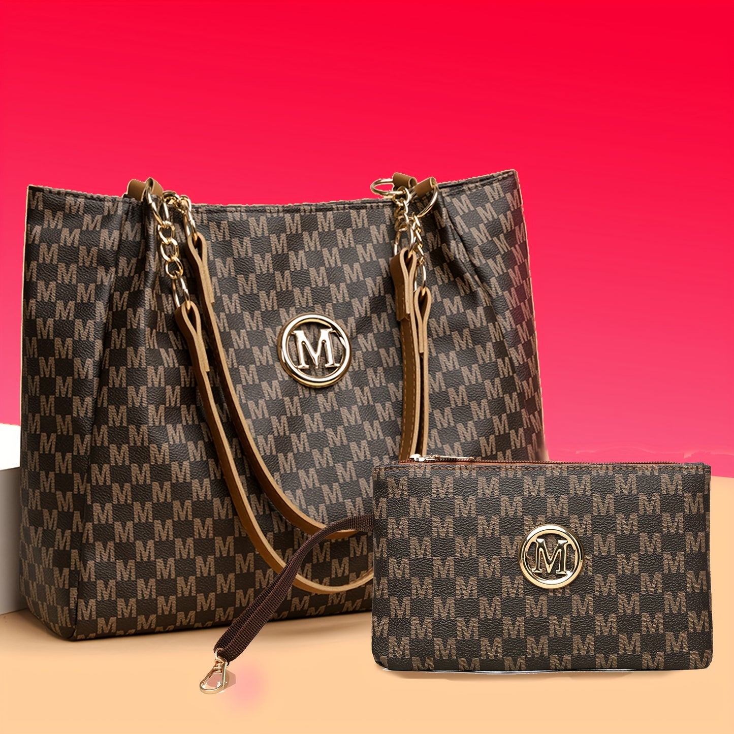 Perfect Lily "M" Logo Tote Bag - Elegant Black & White Checkered Shoulder Bag with Golden Hardware, Large Capacity for Daily Commute, Shopping, Travel - Ideal Gift for Women, Commute Bag|Checkered Pattern Bag|Durable Zippers,